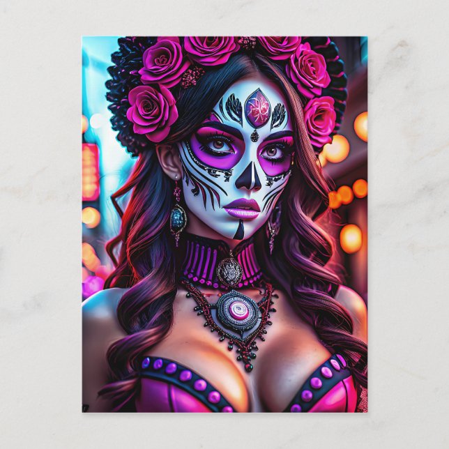 Glamorous Día de los Muertos Catrina portrait with Postcard (Front)