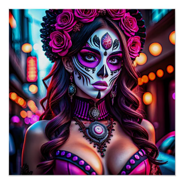 Glamorous Día de los Muertos Catrina portrait with Poster (Front)
