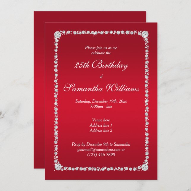 Glamorous Diamond Frame & Ruby Red Birthday Invitation (Front/Back)