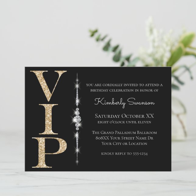 Glamorous Diamonds on Black Gold Glitter VIP Party Invitation (Standing Front)