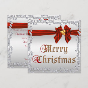 Glamorous Diamonds & Red Silky Sash Bow Christmas Invitation