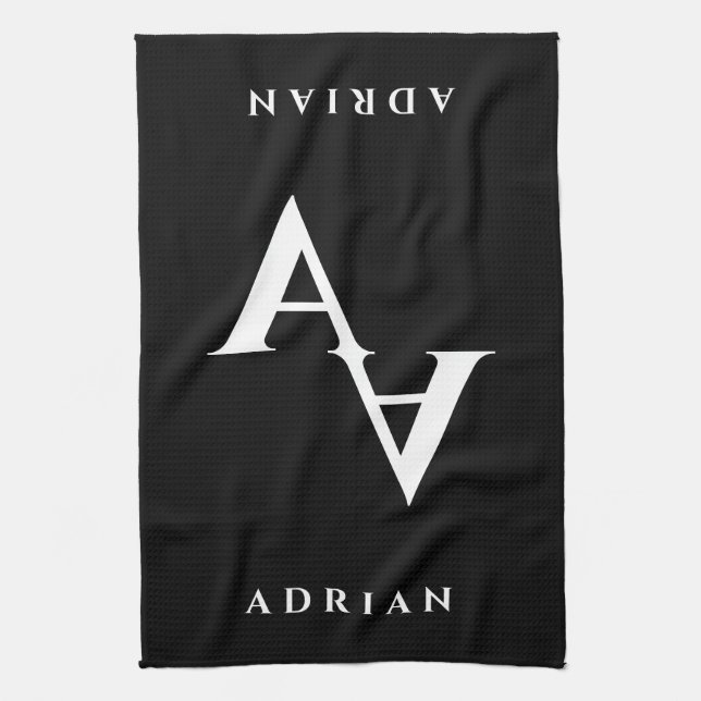 Glamorous double name monogram black and white kitchen towel (Vertical)