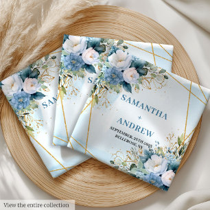 Glamorous Dusty Blue Floral Gold Accent Wedding Cloth Napkin