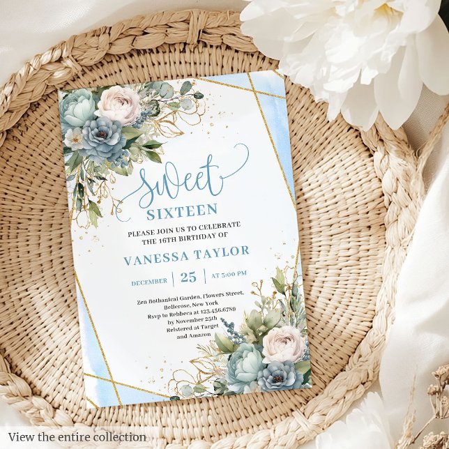 Glamorous Dusty Blue White Peonies Sweet 16 Invite (Glamorous Dusty Blue White Peonies Sweet 16 Invitation)