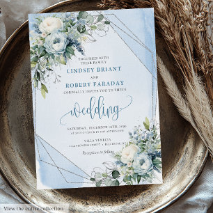 Glamorous Dusty Blue White Silver Peonies Wedding Invitation