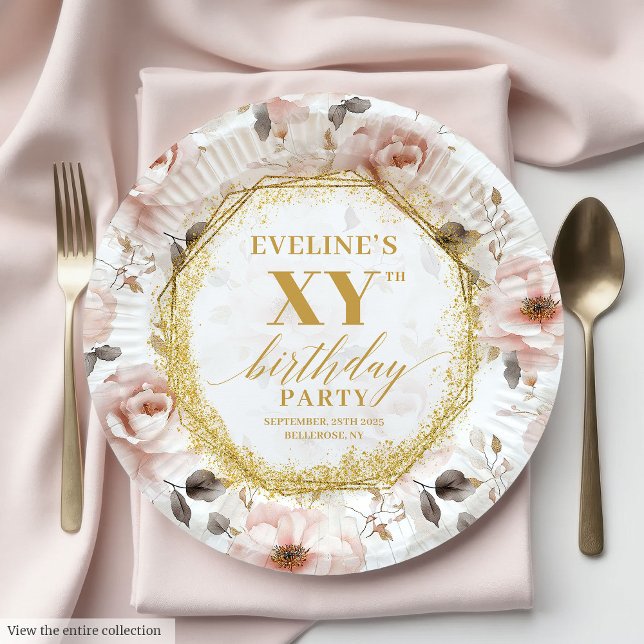 Glamorous Dusty Pink Floral Birthday Paper Plates (Glamorous Dusty Pink Floral Birthday Paper Plates

)
