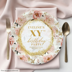 Glamorous Dusty Pink Floral Birthday Paper Plates
