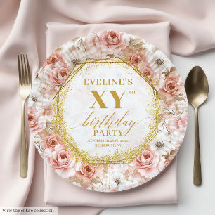 Glamorous Dusty Pink Floral Birthday Paper Plates