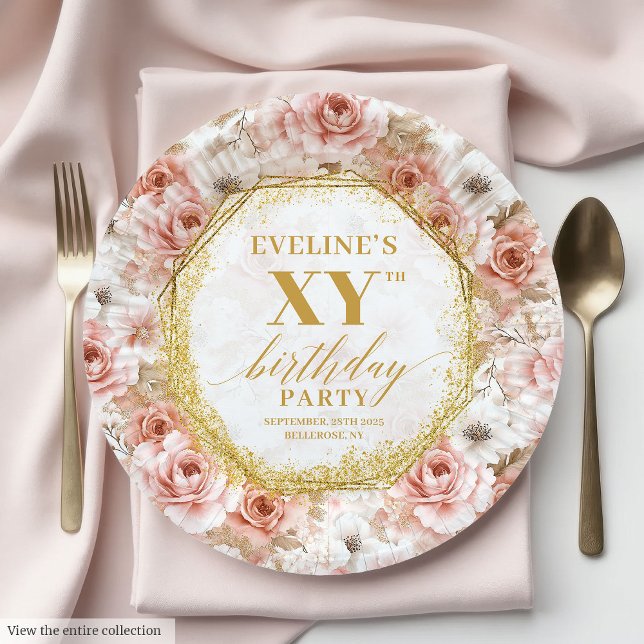 Glamorous Dusty Pink Floral Birthday Paper Plates (Glamorous Dusty Pink Floral Birthday Paper Plates

)