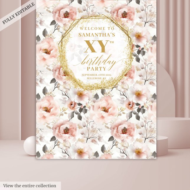 Glamorous Dusty Pink Floral Birthday Party Banner Tapestry (Glamorous Dusty Pink Floral Birthday Party Banner Tapestry)