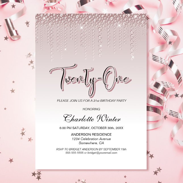Glamorous Dusty Rose Pink Diamonds 21st Birthday Invitation (Creator Uploaded)