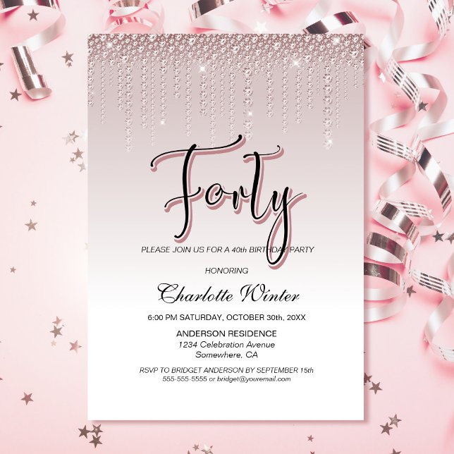 Glamorous Dusty Rose Pink Diamonds 40th Birthday Invitation (Creator Uploaded)