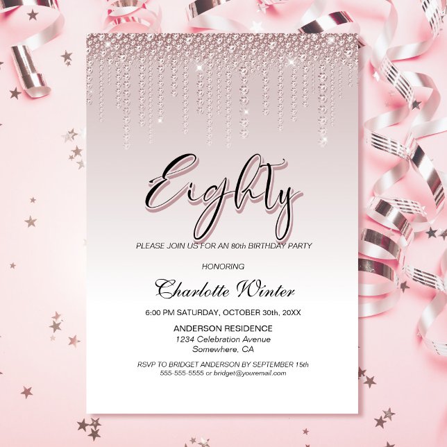Glamorous Dusty Rose Pink Diamonds 80th Birthday Invitation (Creator Uploaded)