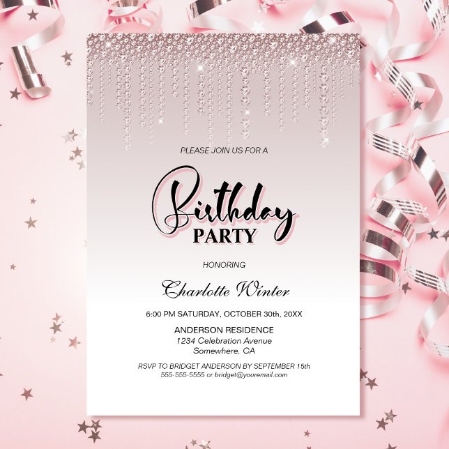 Glamorous Dusty Rose Pink Diamonds Birthday Party Invitation (Creator Uploaded)