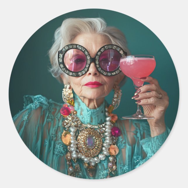Glamorous Elderly Woman Bold Luxury Fashion Classic Round Sticker (Front)