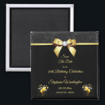 Glamorous Elegance Birthday Save The Date Magnet<br><div class="desc">Beautiful elegant any age birthday party save the date magnet for women, with printed images of a glamorous gold bow with a rhinestone diamond gem in the center and a gold ribbon on a sparkly black glitter, and plain black background, with a bunch of gold and black balloons surrounded by...</div>