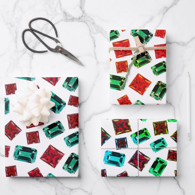 Glamorous Elegant Emerald Green Ruby Gems Pattern Wrapping Paper Sheets (Front)
