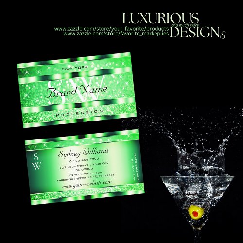 Glamorous Emerald Green Glitter Stars and Monogram Business Card