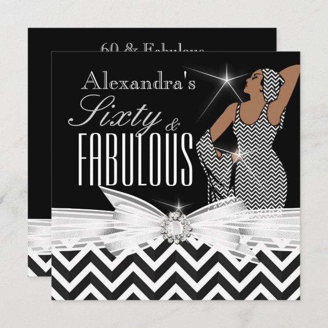 Glamorous Fabulous 60 Chevron Black White Birthday Invitation (Front/Back)