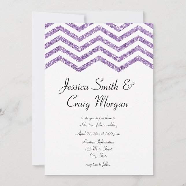 Glamorous Faux Amethyst Glitter Chevron Wedding Invitation (Front)
