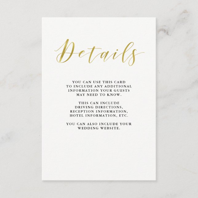 Glamorous Faux Gold Classic Wedding Guest Details Enclosure Card (Front)
