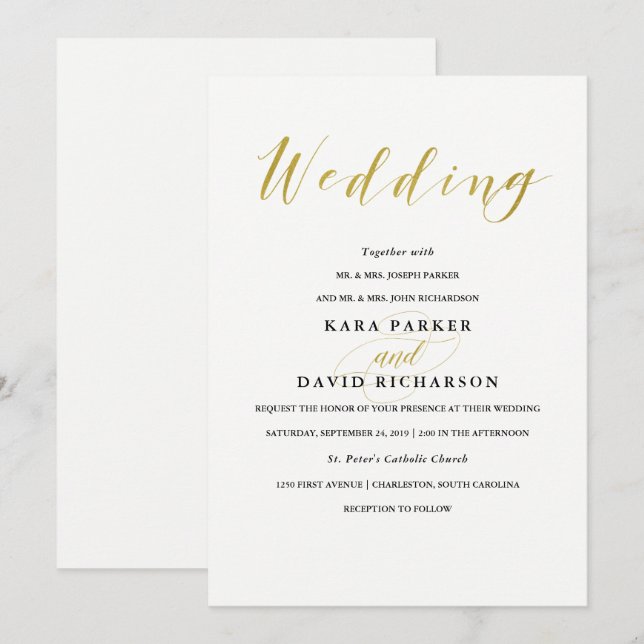 Glamorous Faux Gold Classic Wedding Invitation (Front/Back)