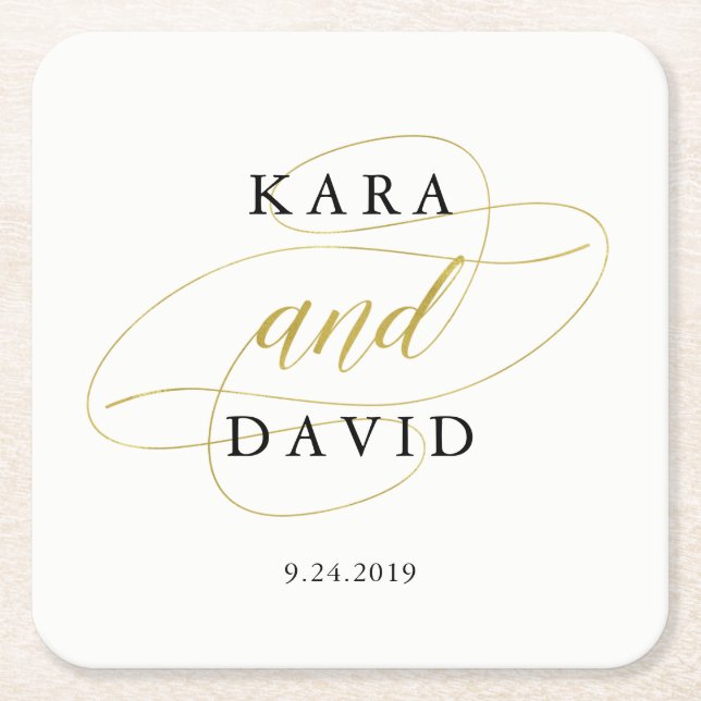 Glamorous Faux Gold Classic Wedding Square Paper Coaster (Front)
