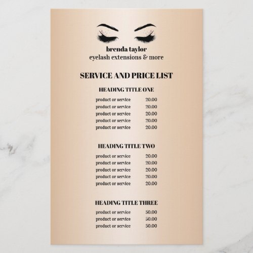 Glamorous faux gold EYELASH SALON SERVICE LIST Flyer