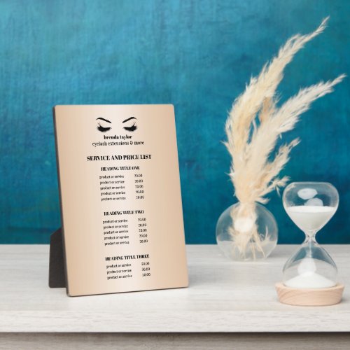 Glamorous Faux gold  EYELASH SALON SERVICE LIST Plaque