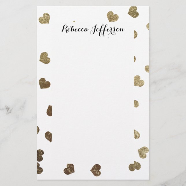 Glamorous Faux Gold Hearts Pattern Stationery (Front)