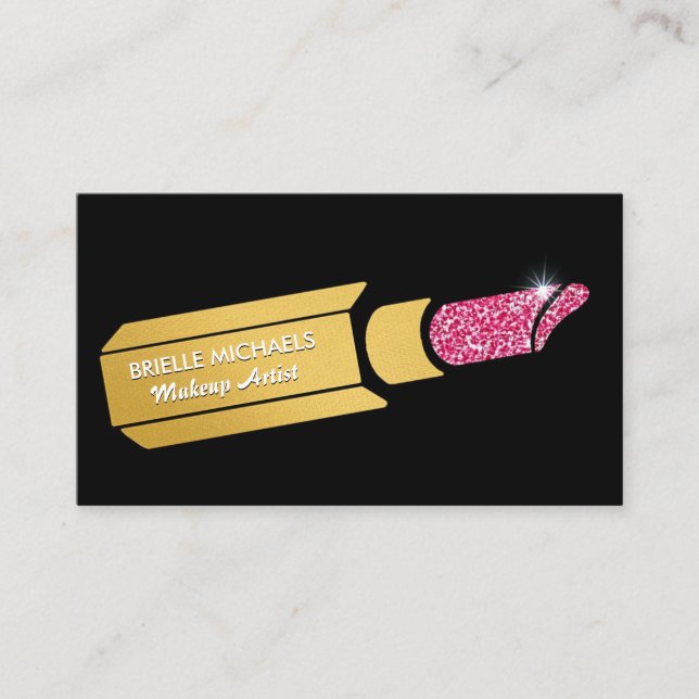 Glamorous Faux Gold Makeup Artist Pink Lipstick Business Card (Front)
