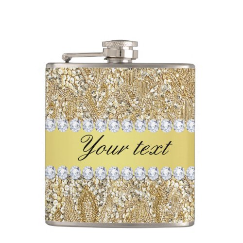 Glamorous Faux Gold Sequins and Diamonds Hip Flask