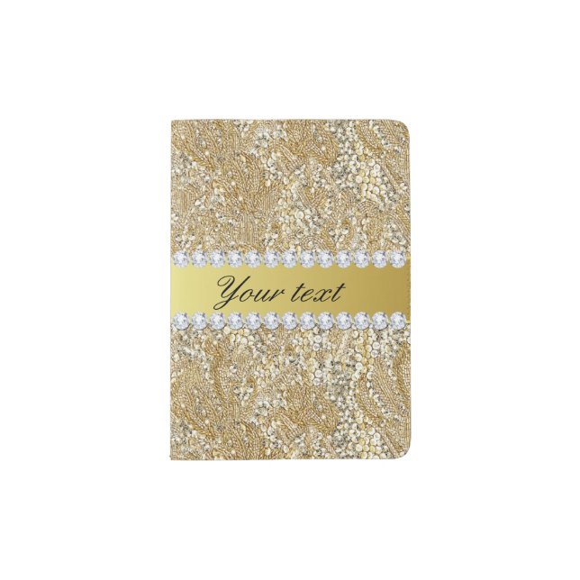 Glamorous Faux Gold Sequins and Diamonds Passport Holder (Front)