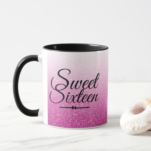 Glamorous faux hot pink glitter ombre Sweet 16 Mug (With Donut)