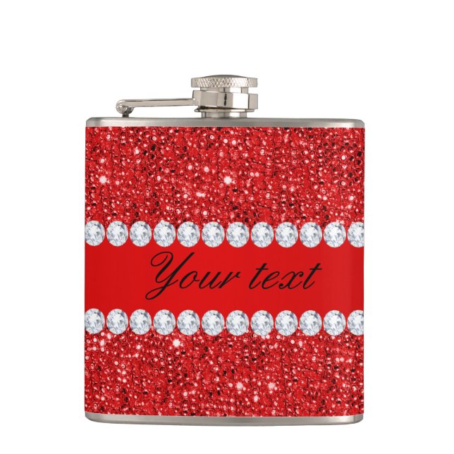Glamorous Faux Red Sequins and Diamonds Flask (Front)
