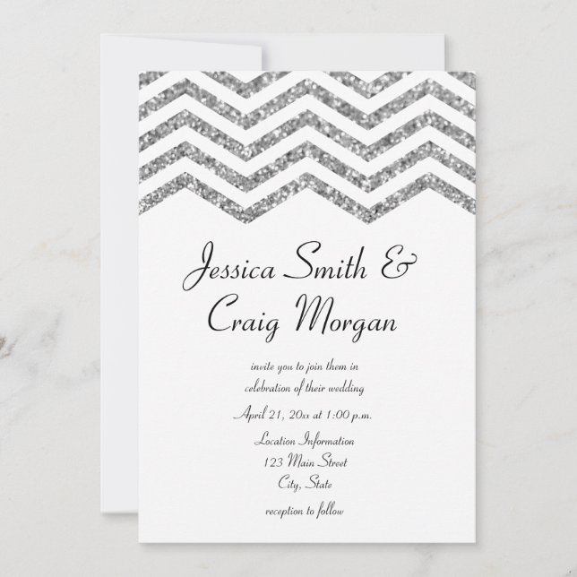 Glamorous Faux Silver Glitter Chevron Wedding Invitation (Front)