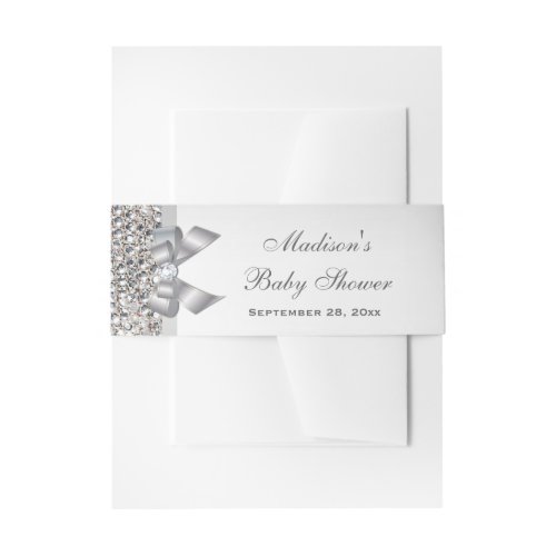 Glamorous Faux Silver Sequins Bow Baby Shower Invitation Belly Band