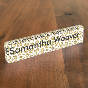 Glamorous Faux Sparkly Gold Leopard Desk Name Plate