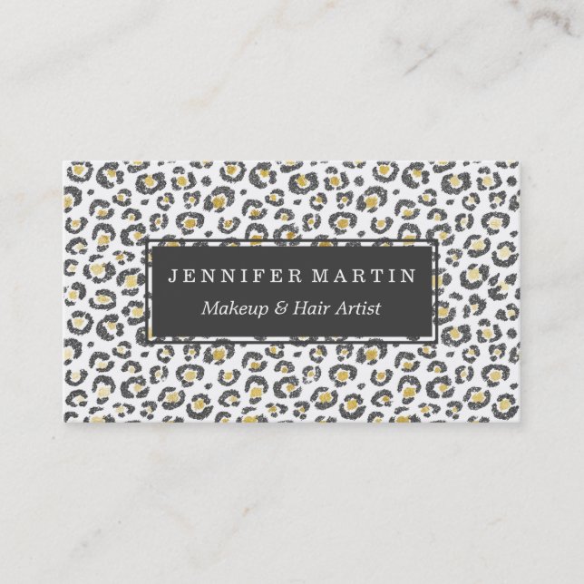 Glamorous Faux Sparkly Gold & Silver Leopard Business Card (Front)
