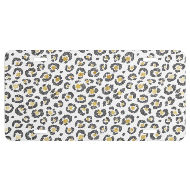 Glamorous Faux Sparkly Gold & Silver Leopard License Plate (Front)