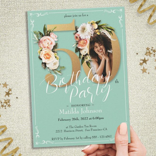 Glamorous Floral Gold Photo 50th Birthday Party Invitation (Glamorous Floral Gold Photo 50th Birthday Party Invitation)