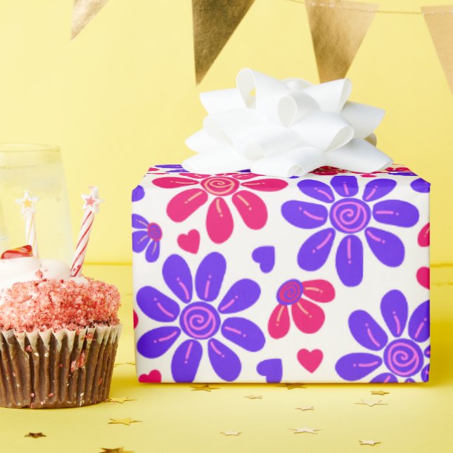 Glamorous Floral Hearts Pink and Blue Wrapping Paper (Birthday Party)