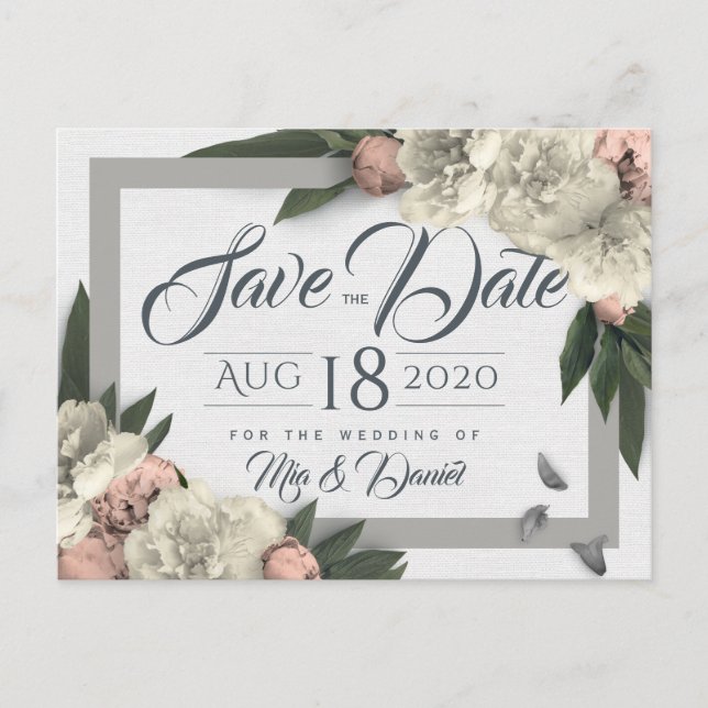Glamorous Floral Peonies Design Save The Date Postcard (Front)