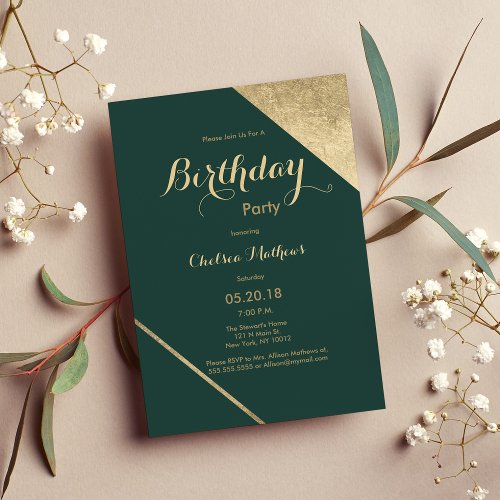 Glamorous forest green gold chic Birthday Party Invitation