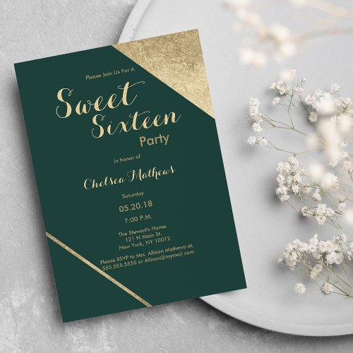 Glamorous forest green gold chic Sweet Sixteen Invitation
