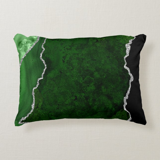 Glamorous Forest Green Marble Chic Silver Glitter Accent Pillow (Front)