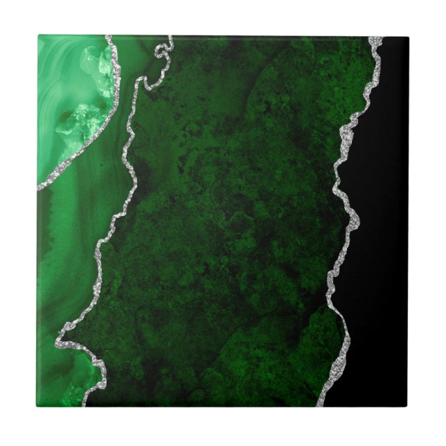 Glamorous Forest Green Marble Chic Silver Glitter Ceramic Tile (Front)