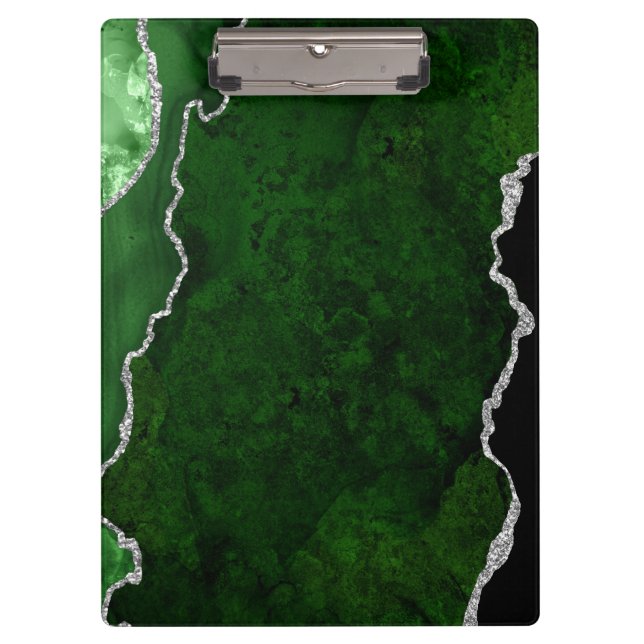 Glamorous Forest Green Marble Chic Silver Glitter Clipboard (Front)