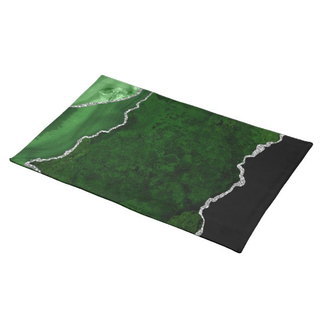 Glamorous Forest Green Marble Chic Silver Glitter Cloth Placemat (On Table)