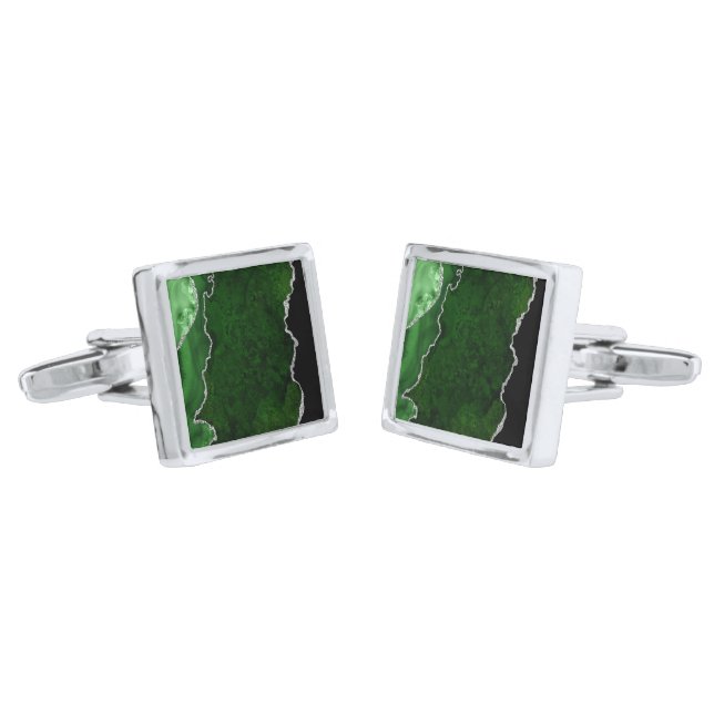 Glamorous Forest Green Marble Chic Silver Glitter Cufflinks (Angled)